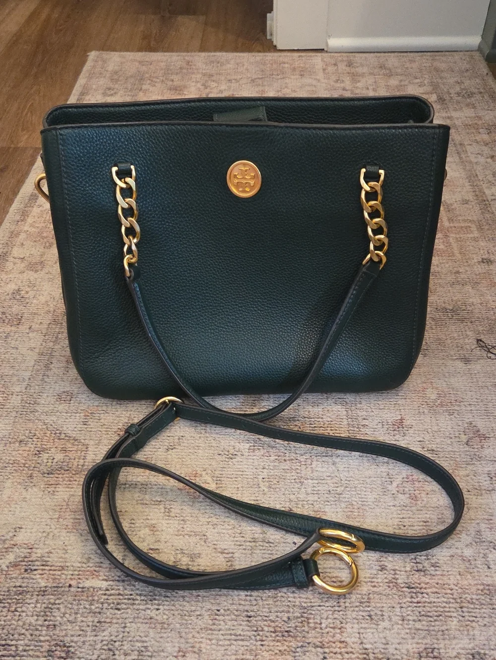 Tory Burch Dark Green Pebbled Leather Chain Shoulder Bag